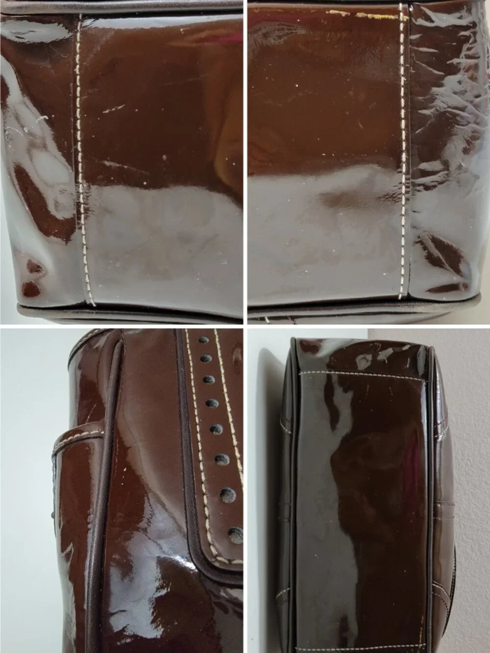 Coach Hamptons Patent Leather Lunch Tote Mahogany Brown Silver Hardware F11519